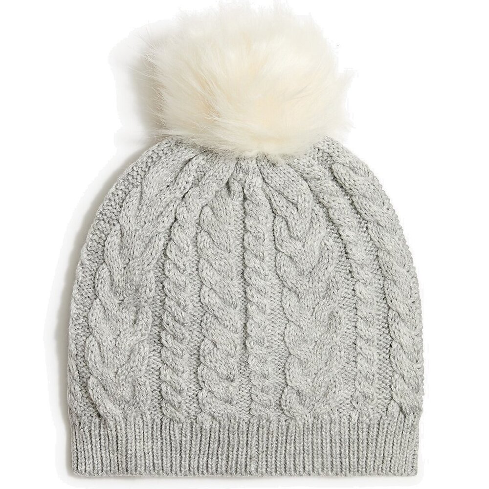 NWT J. Crew Cable Knit Pom-Pom Beanie Hat | Gray Heather Dusk | OS